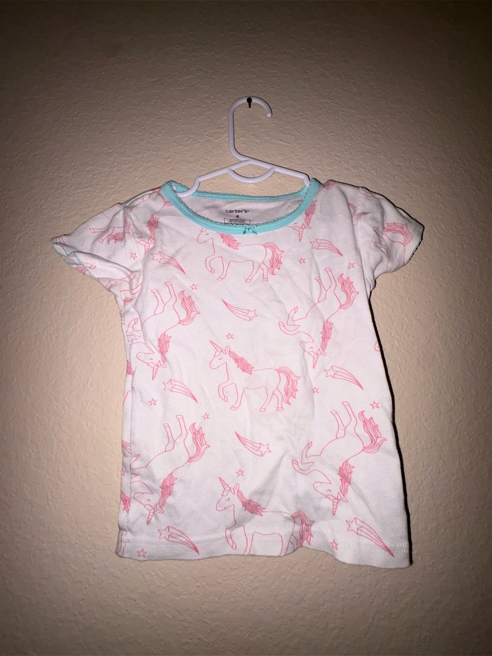 Carter's White Tee with Pink Unicorns and Aqua Trim